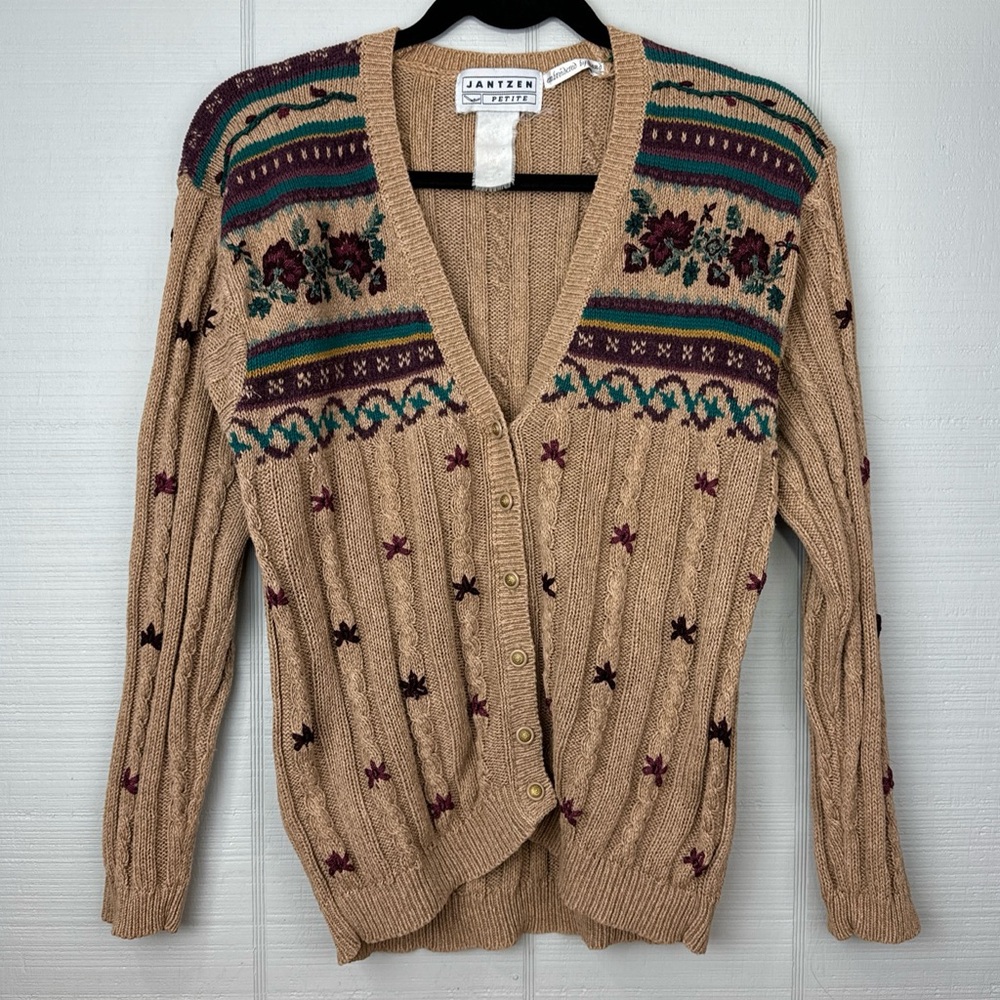 Vintage Jantzen Hand Embroidered Tan Cable Knit Button Up Cardigan Granny Core